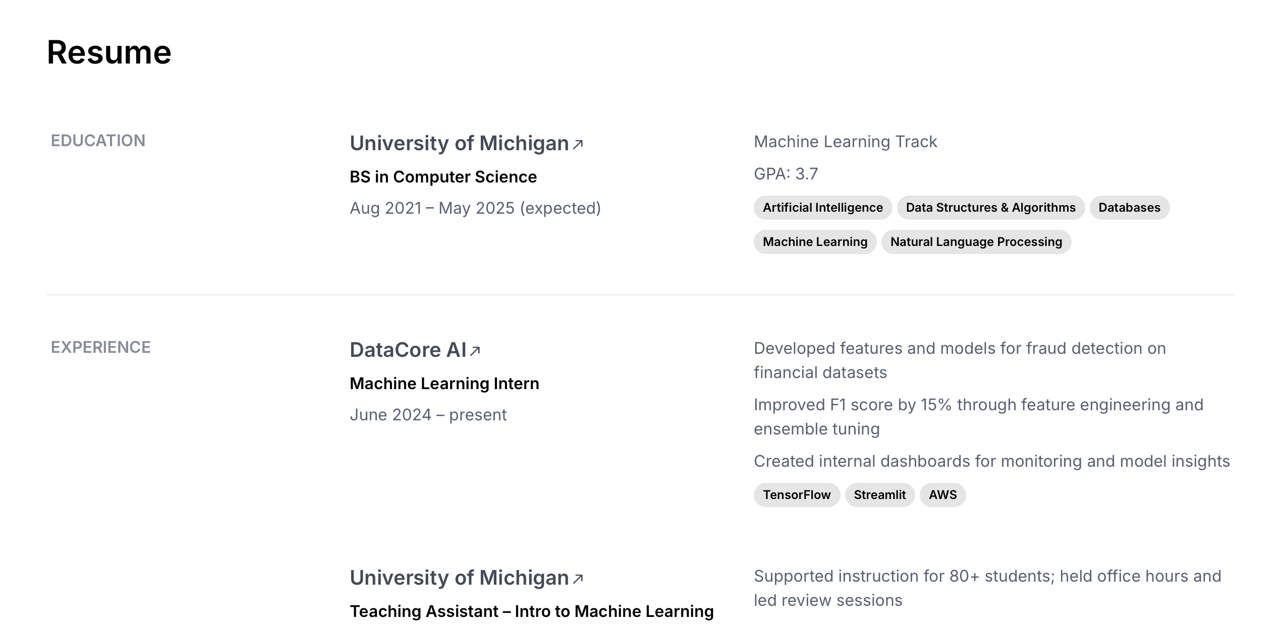 Resume page